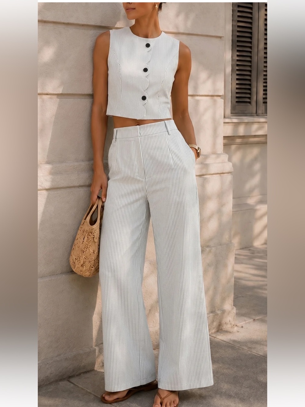 Commense Scallop Edge Pinstripe Vest & Pants Set